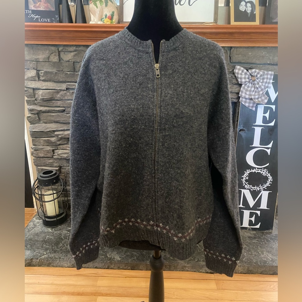 Eddie Bauer Dark Gray Zip-Up Wool Nordic Sweater